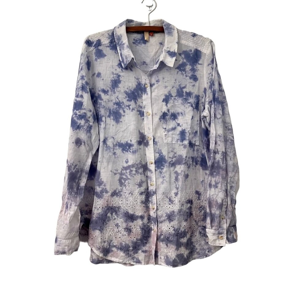 Anthro Pilcro Womens Violet Watercolor Embroidered Eyelet Button Shirt Tunic L